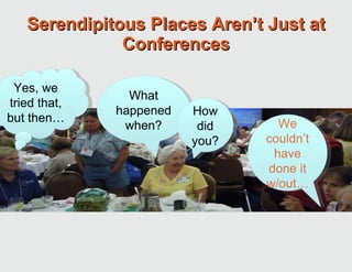 Serendipitous Places Aren’t Just at Conferences Yes, we tried that, but then… What happened when? How did you? We couldn’t have done it w/out… 
