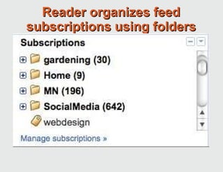Reader organizes feed subscriptions using folders 