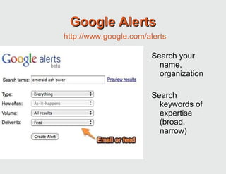 Google Alerts Search your name, organization Search keywords of expertise (broad, narrow) http://www.google.com/alerts 