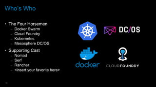10
Who’s Who
• The Four Horsemen
– Docker Swarm
– Cloud Foundry
– Kubernetes
– Mesosphere DC/OS
• Supporting Cast
– Nomad
– Serf
– Rancher
– <insert your favorite here>
 