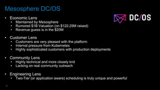 15
Mesosphere DC/OS
• Economic Lens
• Maintained by Mesosphere
• Rumored $1B Valuation (on $122.25M raised)
• Revenue guess is in the $20M
• Customer Lens
• Customers are very pleased with the platform
• Internal pressure from Kubernetes
• Highly sophisticated customers with production deployments
• Community Lens
• Highly technical and more closely knit
• Lacking on real community outreach
• Engineering Lens
• Two-Tier (or application aware) scheduling is truly unique and powerful
 