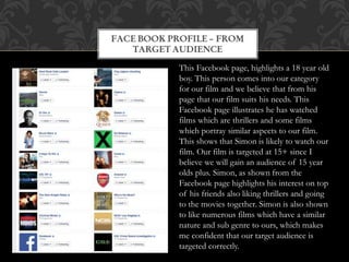 This Facebook page, highlights a 18 year old
boy. This person comes into our category
for our film and we believe that from his
page that our film suits his needs. This
Facebook page illustrates he has watched
films which are thrillers and some films
which portray similar aspects to our film.
This shows that Simon is likely to watch our
film. Our film is targeted at 15+ since I
believe we will gain an audience of 15 year
olds plus. Simon, as shown from the
Facebook page highlights his interest on top
of his friends also liking thrillers and going
to the movies together. Simon is also shown
to like numerous films which have a similar
nature and sub genre to ours, which makes
me confident that our target audience is
targeted correctly.
 