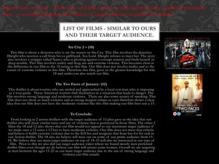 Sin City 2 – (18)
This film is about a detective who is on the streets on Sin City. This film involves the detective
Dwight who receives a call from his ex girlfriend, Ava Lord. Dwight refuses to meet her. The story
also involves a stripper called Nancy who is plotting against a corrupt senator and finds herself in
deep trouble. This film involves nudity and drug use and extreme violence. This becomes clear in
the difference in our film to the 18 rating in this film. Our film does not involve nudity and to the
extent of extreme violence as this film. Therefore this film, gives us the greater knowledge for why
18 and under can also watch our film.
The Two Faces of January- (12)
This thriller is about tourists who are misled and approached by a local con man who is imposing
as a tour guide. These American tourists find themselves in a situation that leads to danger. The
film involves strong language and moderate violence. There are also some scenes of smoking. This
film does not show as much violence and as strong weapon crimes as ours therefore shows a clear
idea that our film does not have the moderate violence like this film making our film best suit a 15.
To Conclude:
From looking at 2 action thrillers with the target audience of 15 plus gave us the idea that our
thriller also will show similar traits and use of violence that is portrayed in those films. The other 2
films the 18 and 12 also shows that our film would not appeal to our maximum target audience if
we made ours a 12 since a 12 has to have moderate violence. Our film does not meet that criteria
and believe it holds extreme violence due to the Kill list and weapons that Sean has for his task in
our Action thriller. The 18 also we believe will miss out on some of our prime audience from 15-
18. We believe that our main target audience on top of 18-25 will also be interested in our type of
film. Prior to this we also did our target audience video where we found mostly men preferred
thriller films even though we do believe our film will attract some women. Overall we are targeting
at men between the ages 15-25 as our main target audience due to the use of strong language and
violence our film entails.
LIST OF FILMS - SIMILAR TO OURS
AND THEIR TARGET AUDIENCE.
Repost from my Blog – (Post done on Films similar to mine and their target audience previously
done -> reposting together all evidence of target audience to gather all evidence.
 