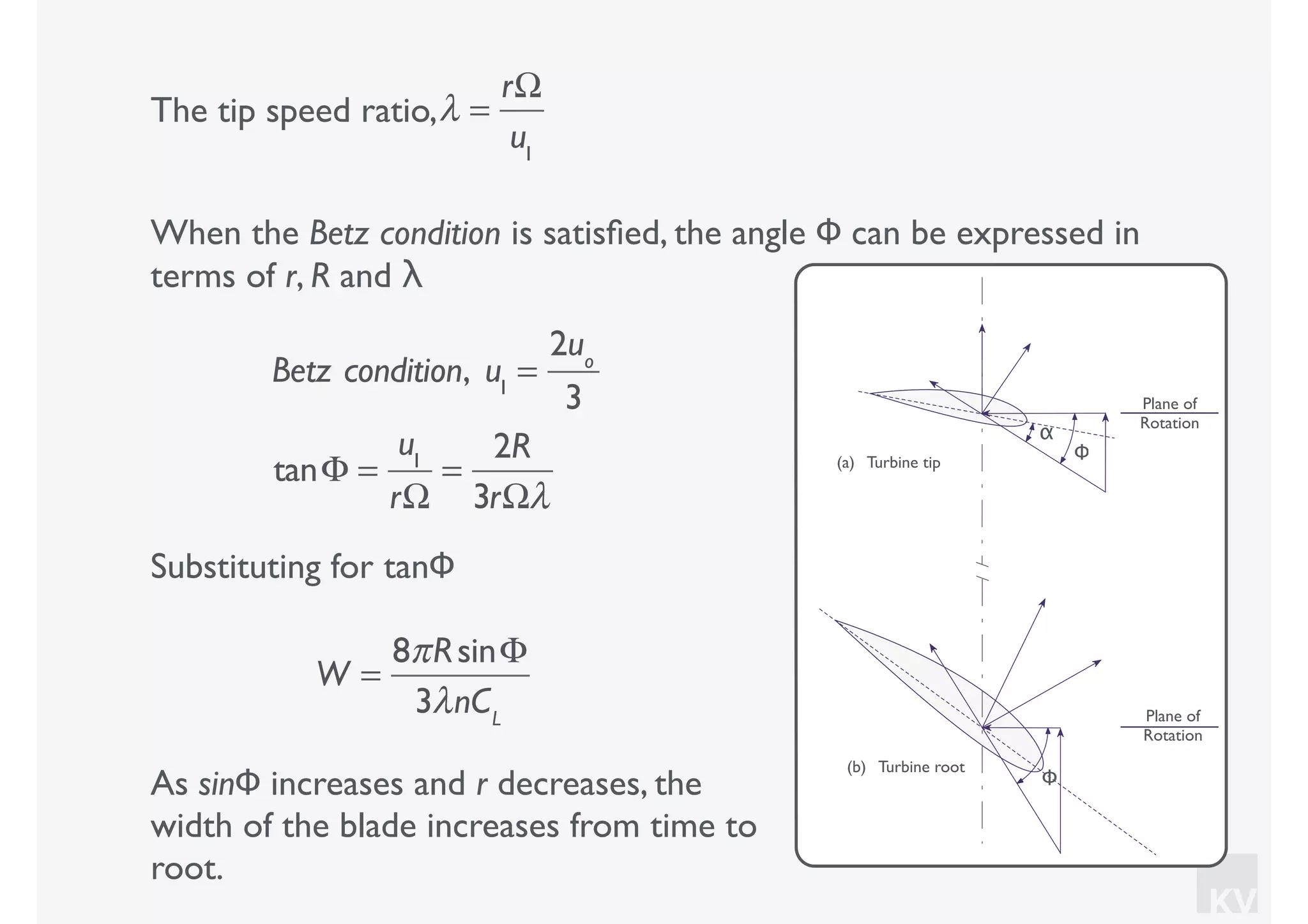 KV
The tip speed ratio,
W =
8πRsinΦ
3λnCL
λ =
rΩ
u1
When the Betz condition is satisﬁed, the angle Φ can be expressed in
terms of r, R and λ
Betz condition, u1
=
2uo
3
tanΦ =
u1
rΩ
=
2R
3rΩλ
Substituting for tanΦ
As sinΦ increases and r decreases, the
width of the blade increases from time to
root.
Plane of
Rotation
Φ
α
Plane of
Rotation
Φ
(a) Turbine tip
(b) Turbine root
 