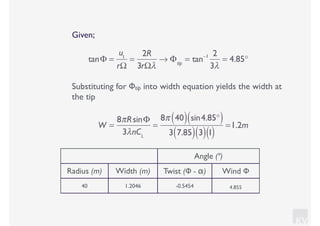 KV
Given;
tanΦ =
u1
rΩ
=
2R
3rΩλ
→ Φtip
= tan−1 2
3λ
= 4.85°
Substituting for Φtip into width equation yields the width at
the tip
W =
8πRsinΦ
3λnCL
=
8π 40( ) sin4.85°( )
3 7.85( ) 3( )1( )
=1.2m
Angle (º)
Radius (m) Width (m) Twist (Φ - α) Wind Φ
40 1.2046 -0.5454 4.855
 