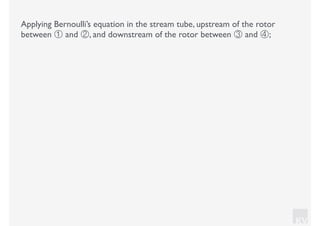 KV
Applying Bernoulli’s equation in the stream tube, upstream of the rotor
between ① and ②, and downstream of the rotor between ③ and ④;
 