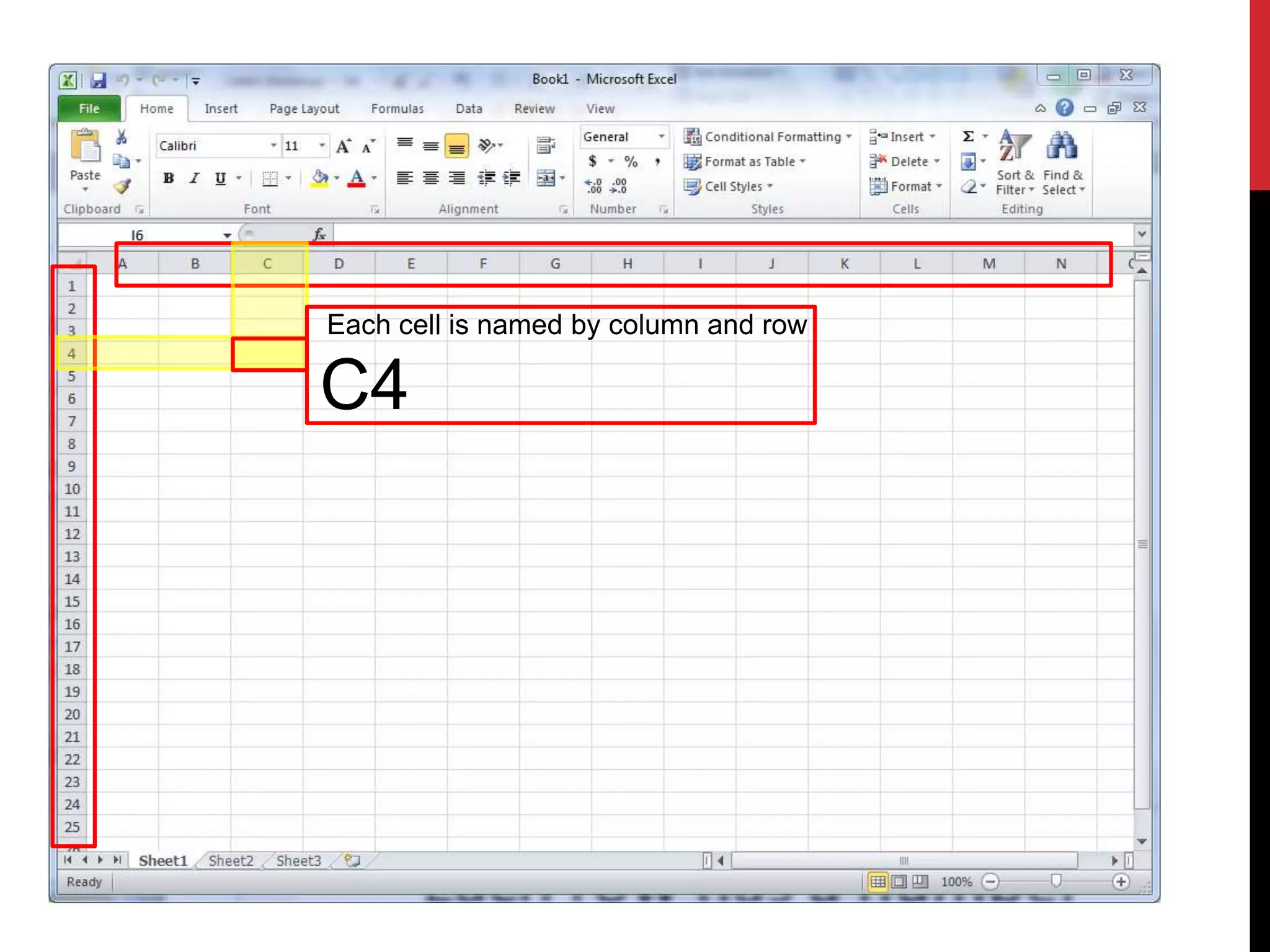 Each cell is named by column and row

C4
 