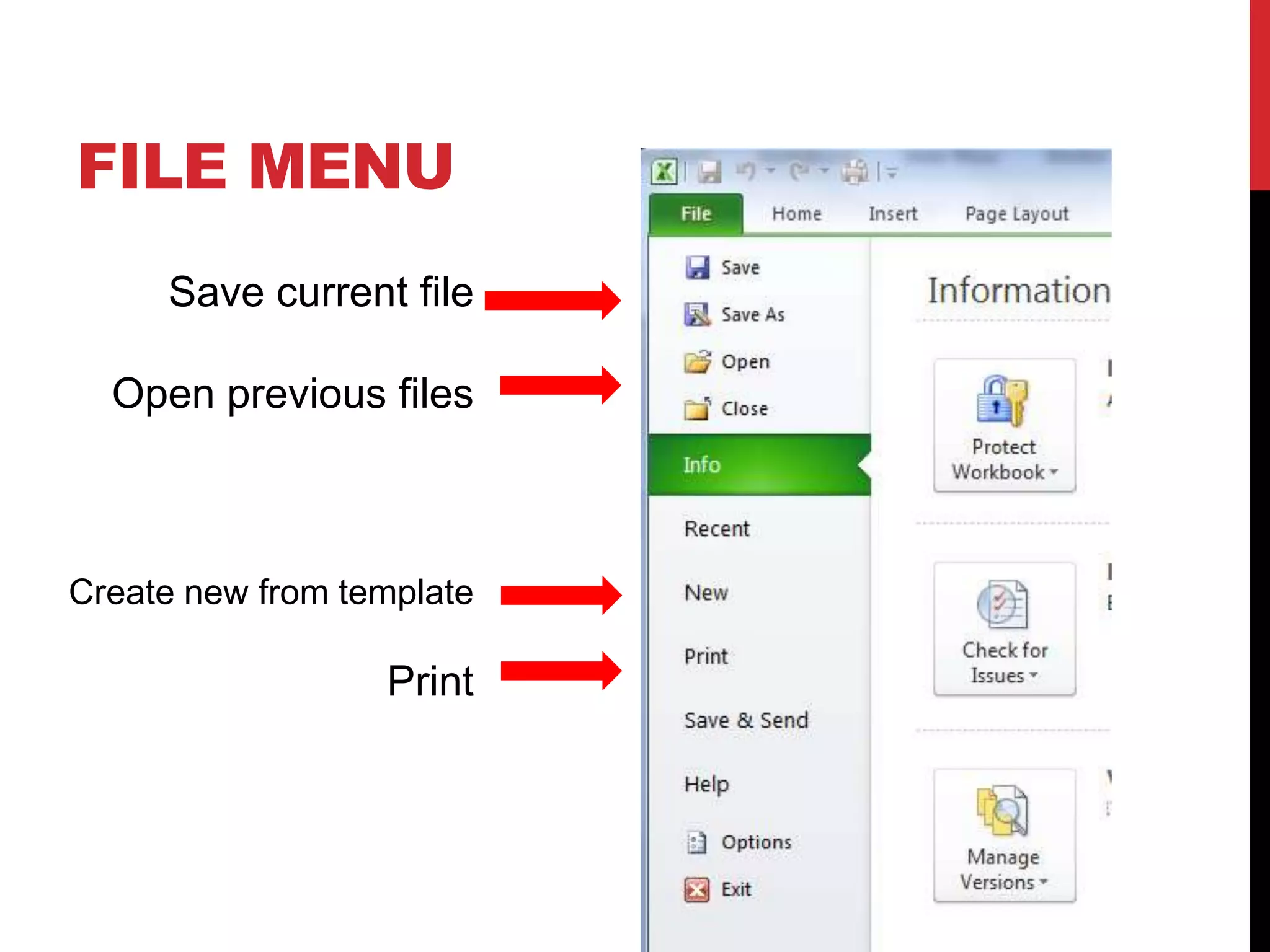 FILE MENU
     Save current file

  Open previous files



Create new from template

                  Print
 