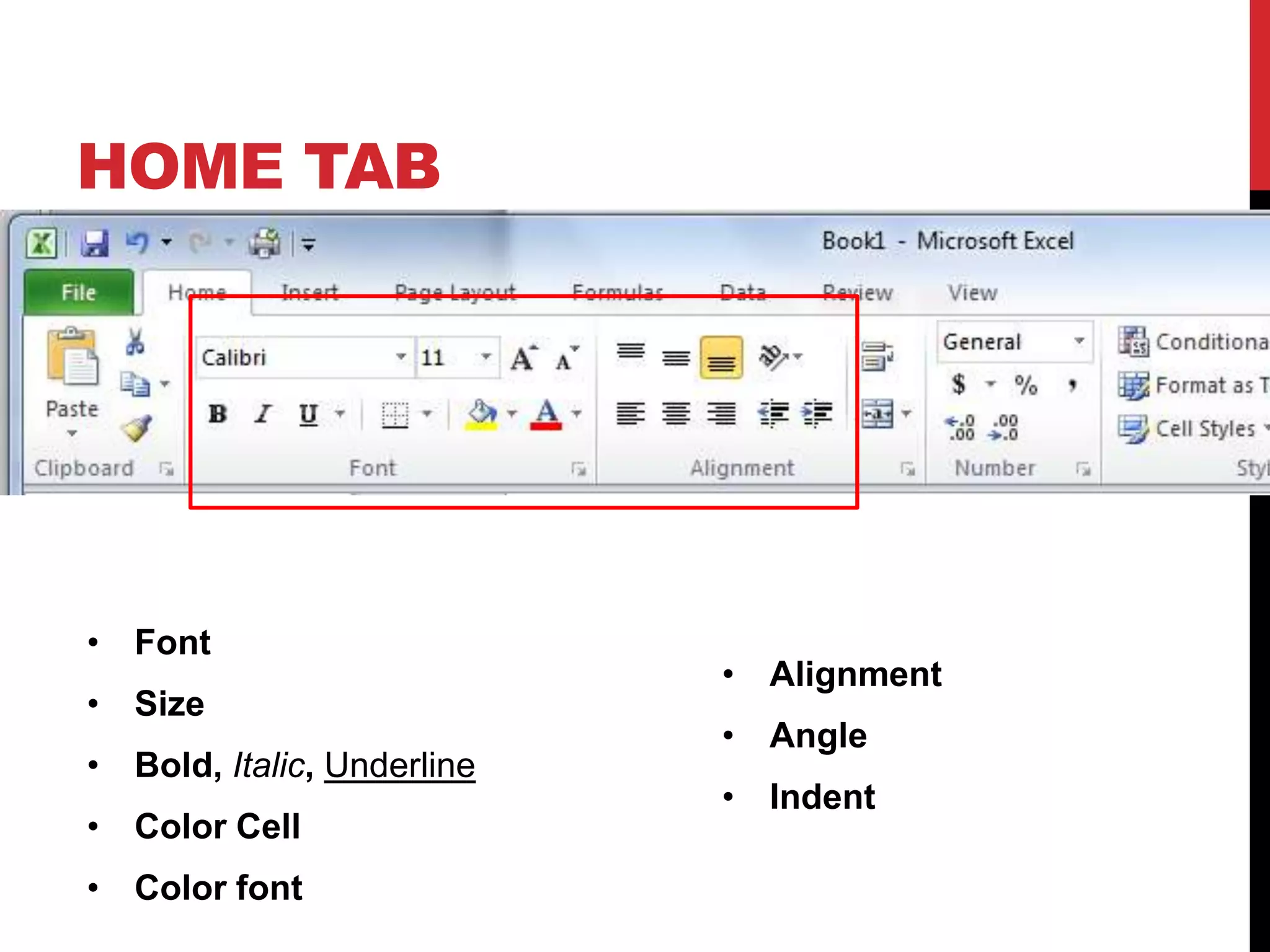 HOME TAB




• Font
                            • Alignment
• Size
                            • Angle
• Bold, Italic, Underline
                            • Indent
• Color Cell
• Color font
 