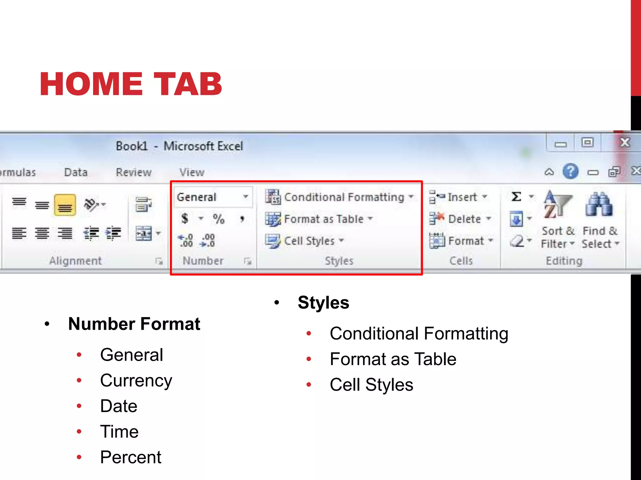 HOME TAB




                  • Styles
• Number Format
                     • Conditional Formatting
   •   General       • Format as Table
   •   Currency      • Cell Styles
   •   Date
   •   Time
   •   Percent
 