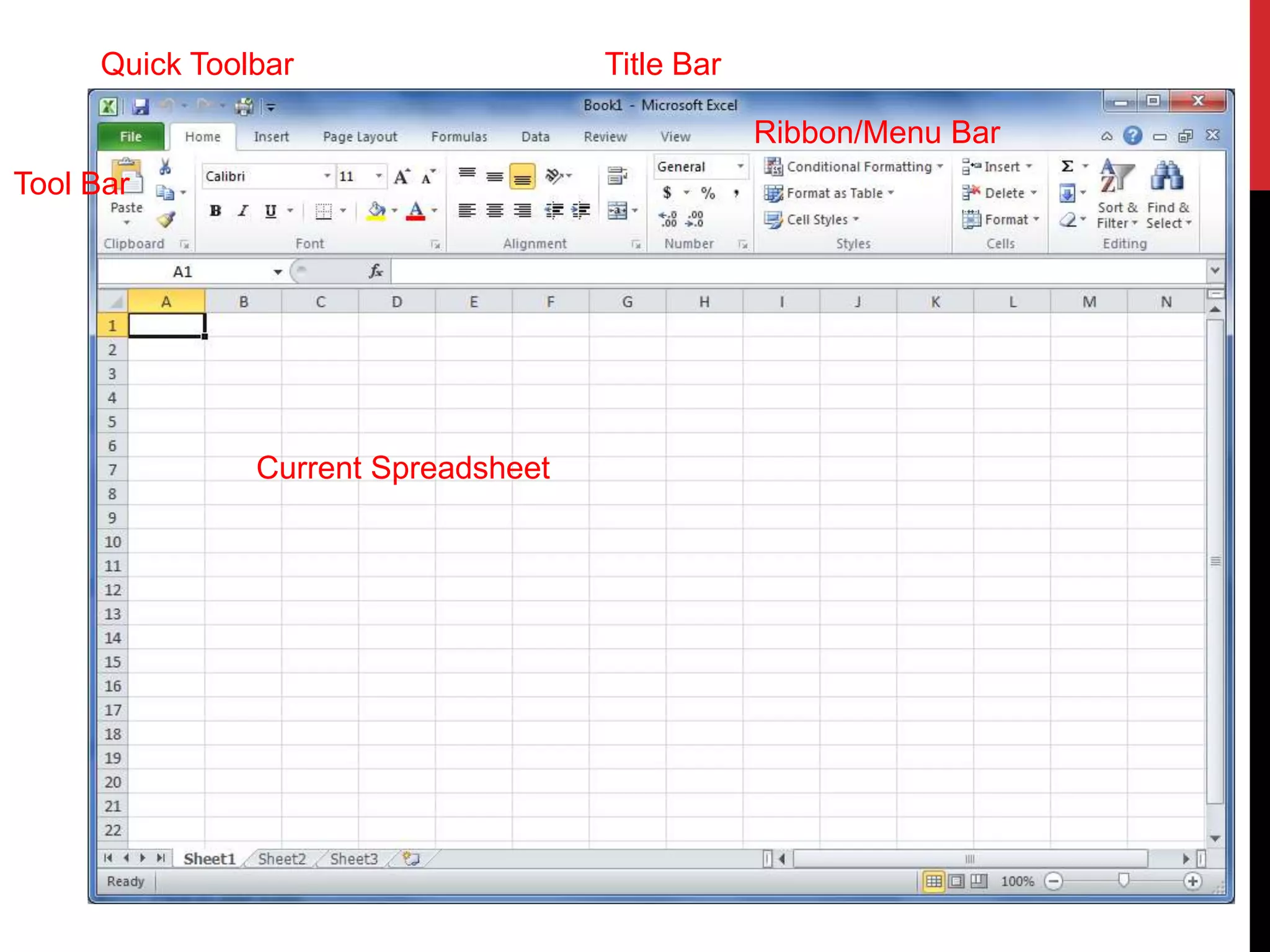 Quick Toolbar                   Title Bar

                                                  Ribbon/Menu Bar
Tool Bar




                Current Spreadsheet
 