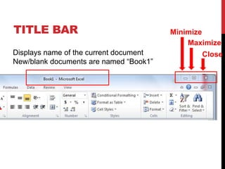 TITLE BAR                               Minimize
                                            Maximize
Displays name of the current document          Close
New/blank documents are named “Book1”
 