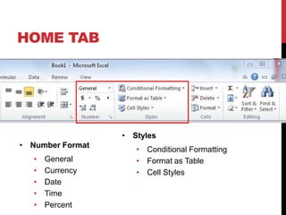 HOME TAB




                  • Styles
• Number Format
                     • Conditional Formatting
   •   General       • Format as Table
   •   Currency      • Cell Styles
   •   Date
   •   Time
   •   Percent
 