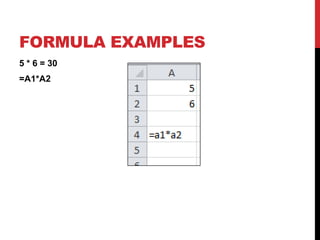 FORMULA EXAMPLES
5 * 6 = 30
=A1*A2
 