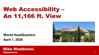 Mike Maddaloni
@thehotiron 1
Web Accessibility –
An 11,166 ft. View
World HeadQuarters
April 1, 2020
 