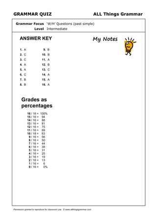 GRAMMAR QUIZ ALL Things Grammar
Grammar Focus ‘W/H’ Questions (past simple)
Level Intermediate
ANSWER KEY My Notes
1. A
2. C
3. C
4. A
5. A
6. C
7. B
8. B
9. B
10. B
11. A
12. B
13. C
14. A
15. A
16. A
Grades as
percentages
16 / 16 = 100%
15 / 16 = 94
14 / 16 = 88
13 / 16 = 81
12 / 16 = 75
11 / 16 = 69
10 / 18 = 63
9 / 16 = 56
8 / 16 = 50
7 / 16 = 44
6 / 16 = 38
5 / 16 = 31
4 / 16 = 25
3 / 16 = 19
2 / 16 = 13
1 / 16 = 6
0 / 16 = 0%
Permission granted to reproduce for classroom use. © www.allthingsgrammar.com
 