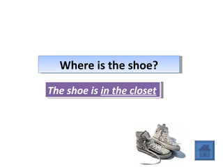 Where is the shoe? The shoe is  in the closet 