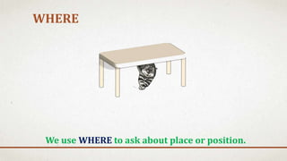 WHERE
We use WHERE to ask about place or position.
 