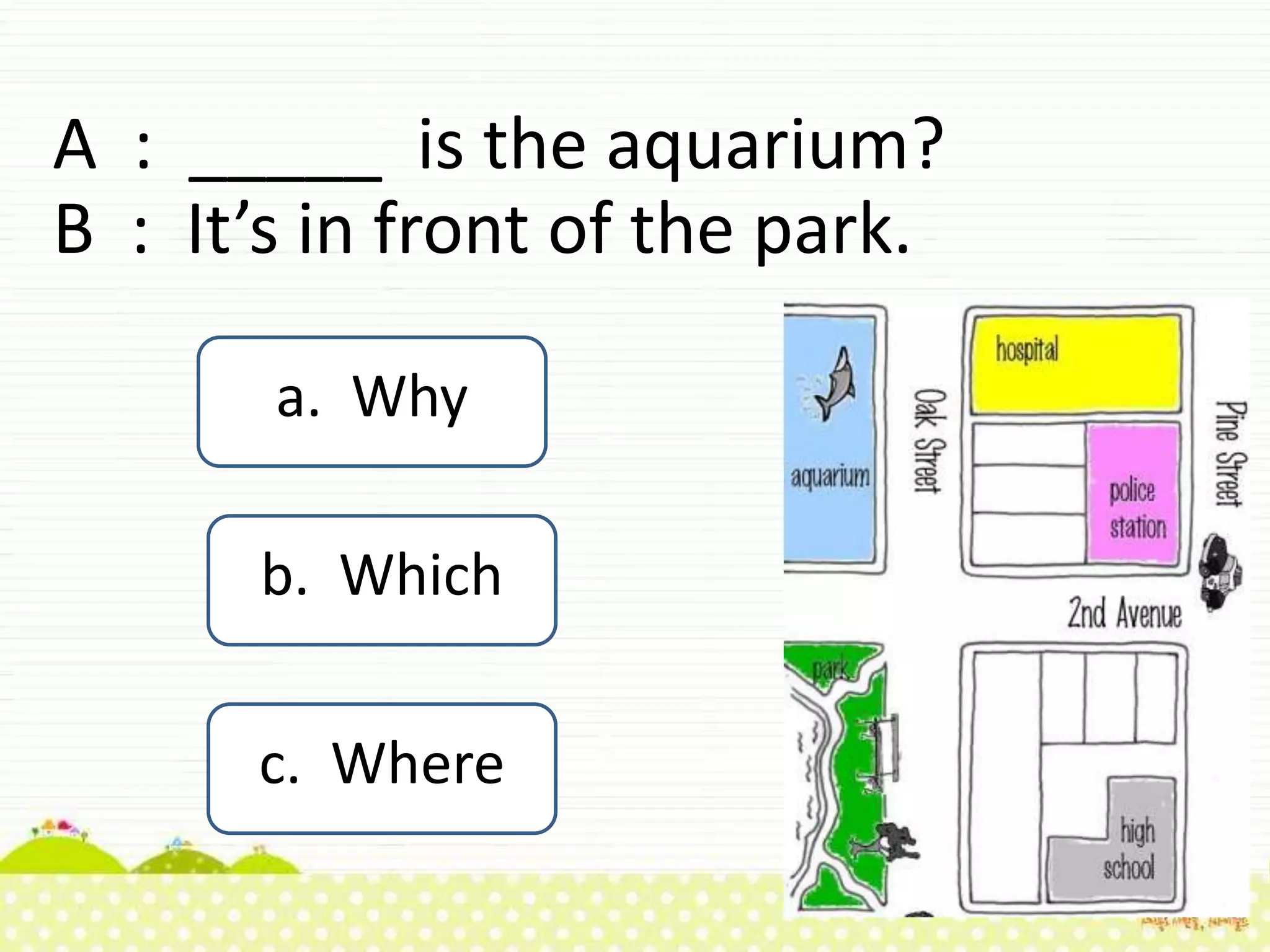 A : _____ is the aquarium?
B : It’s in front of the park.
a. Why
c. Where
b. Which
 