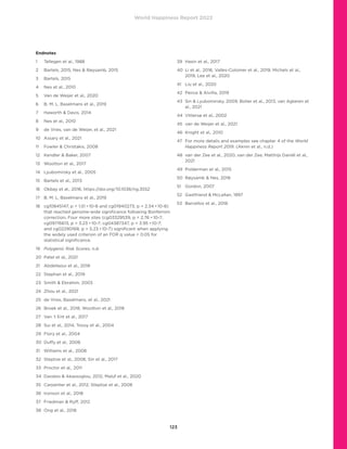 World Happiness Report 2022
123
Endnotes
1	 Tellegen et al., 1988
2	 Bartels, 2015, Nes  Røysamb, 2015
3	 Bartels, 2015
4	 Nes et al., 2010
5	 Van de Weijer et al., 2020
6	 B. M. L. Baselmans et al., 2019
7	 Haworth  Davis, 2014
8	 Nes et al., 2010
9	 de Vries, van de Weijer, et al., 2021
10	 Assary et al., 2021
11	 Fowler  Christakis, 2008
12	 Kendler  Baker, 2007
13	 Wootton et al., 2017
14	 Lyubomirsky et al., 2005
15	 Bartels et al., 2013
16	 Okbay et al., 2016. https://doi.org/10.1038/ng.3552
17	 B. M. L. Baselmans et al., 2019
18	
cg10845147, p = 1.51 *10-8 and cg01940273, p = 2.34 *10-8)
that reached genome-wide significance following Bonferroni
correction. Four more sites (cg03329539, p = 2.76 *10-7;
cg09716613, p = 3.23 *10-7; cg04387347, p = 3.95 *10-7;
and cg02290168, p = 5.23 *10-7) significant when applying
the widely used criterion of an FDR q value  0.05 for
statistical significance.
19	 Polygenic Risk Scores, n.d.
20	 Patel et al., 2021
21	 Abdellaoui et al., 2018
22	 Stephan et al., 2019
23	 Smith  Ebrahim, 2003
24	 Zhou et al., 2021
25	 de Vries, Baselmans, et al., 2021
26	 Broek et al., 2018, Wootton et al., 2018
27	 Van ‘t Ent et al., 2017
28	 Sui et al., 2014, Toosy et al., 2004
29	 Flory et al., 2004
30	 Duffy et al., 2006
31	 Williams et al., 2006
32	 Steptoe et al., 2008, Sin et al., 2017
33	 Proctor et al., 2011
34	 Davalos  Akassoglou, 2012, Maluf et al., 2020
35	 Carpenter et al., 2012, Steptoe et al., 2008
36	 Ironson et al., 2018
37	 Friedman  Ryff, 2012
38	 Ong et al., 2018
39	 Hasin et al., 2017
40	
Li et al., 2016, Valles-Colomer et al., 2019, Michels et al.,
2019, Lee et al., 2020
41	 Liu et al., 2020
42	 Peirce  Alviña, 2019
43	
Sin  Lyubomirsky, 2009, Bolier et al., 2013, van Agteren et
al., 2021
44	 Vittersø et al., 2002
45	 van de Weijer et al., 2021
46	 Knight et al., 2010
47	
For more details and examples see chapter 4 of the World
Happiness Report 2019. (Aknin et al., n.d.)
48	
van der Zee et al., 2020, van der Zee, Matthijs Daniël et al.,
2021
49	 Polderman et al., 2015
50	 Røysamb  Nes, 2018
51	 Gordon, 2007
52	 Gastfriend  McLellan, 1997
53	 Barcellos et al., 2018
 