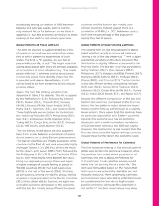 World Happiness Report 2022
137
moderately strong correlation of 0.69 between
balance and GDP per capita. GDP is not the
only relevant factor for balance - as we show in
appendix 2 - but the economic dimension to these
rankings is too stark to not remark upon here.
Global Patterns of Peace with Life
The item on balance is supplemented by a trio
of questions around low arousal positive states,
two of which pertain to experiences of such
states. The first is, “In general, do you feel at
peace with your life, or not?” We might note that
asking about peace with one’s life perhaps suggests
an acceptance of one’s situation (e.g., “I’ve made
peace with that”), whereas asking about peace
in one’s life would more directly imply that life
is peaceful and serene. Nevertheless, it still
can be read as an item pertaining to low arousal
positive states.
Again, this item has striking variation (see
Appendix 6 Table 2 for details). The list is topped
by the Netherlands (97.6), followed by Iceland
(97.3), Taiwan (95.6), Finland (95.1), Norway
(94.9), Lithuania (94.6), Saudi Arabia (94.6),
Malta (94.4), Denmark (94.1), and Austria (93.9).
These high levels are in contrast to the bottom
ten, featuring Pakistan (65.7), Hong Kong (65.1),
Iran (64.1), Zimbabwe (63.9), Uganda (63.5),
Turkey (62.6), Congo Brazzaville (62.3), Georgia
(57.2), Mali (50.5), and Lebanon (46.9).
The two trends noted above are also apparent
here. First, as per balance, experiences of peace
do not seem a particularly Eastern phenomenon.
The top ten countries are mostly European, while
countries in the East do not rank especially highly.
Although Taiwan is 3rd (95.6%), others are much
further down, with Japan 88th (75.0), followed by
the Philippines in 91st (74.1), and Cambodia 102nd
(67.9), with Hong Kong in the bottom ten (65.1).
Using our regional groupings, there was again
a higher average of people feeling at peace in
WEIRD countries (90.1) than East Asian ones
(80.5) or the rest of the world (79.8). Similarly,
as per balance, among the WEIRD group, feeling
at peace is more prevalent in the Nordic countries
(95.2) than others (88.6). Second, we again see
a notable economic dimension to this outcome,
with the top ten mostly being affluent European
countries and the bottom ten mostly poor
African countries. Indeed, overall there is a
correlation of 0.48 (p  .001) between country
GDP and the percentage of the population
saying they feel at peace.
Global Patterns of Experiencing Calmness
The second item on low arousal positive states
asked whether people experienced calmness
“during a lot of the day yesterday.” There is again
substantial variation on this item. However, the
distribution is slightly different compared to the
first two items. The top ten is far less eurocentric,
led by Vietnam (94.7), then Jamaica (93.8),
Philippines (92.7), Kyrgyzstan (91.8), Finland (89.7),
Romania (88.8), Estonia (88.8), Portugal (88.2),
Ghana (88.0), and Croatia (87.1). The bottom ten
is also less African-centric, comprising Pakistan
(61.1), Iran (60.4), Benin (59.3), Tajikistan (59.1),
Lebanon (56.2), Congo Brazzaville (55.4), Guinea
(54.2), India (50.2), Israel (47.7), and Nepal (37.7).
Despite the different composition of the top and
bottom ten countries (compared to the first two
items), the two patterns noted above are never-
theless evident here as well (though to a slightly
lesser extent). Once again, first, the rankings have
no particular association with Eastern countries.
Second, this outcome also has an economic
dimension, with a small-to-medium correlation
of 0.25 between calmness and GDP per capita.
However, this relationship is less marked than the
first two items since the higher ranking countries
include those further down the economic scale.
Global Patterns of Preference for Calmness
The final question relating to low arousal positive
states also pertains to calmness. However, while
the previous item asked about experiences of
calmness, this one is about preferences for
it. In particular, it asks whether people would
rather live “an exciting life or a calm life.” The
item was formulated based on the notion that
both options are potentially desirable and not
mutually exclusive. More specifically, calmness
and excitement were selected as potential proxies
for a preference for low versus high arousal
positive emotions. Although this alignment is
not perfect,53
the item nevertheless may allow
 