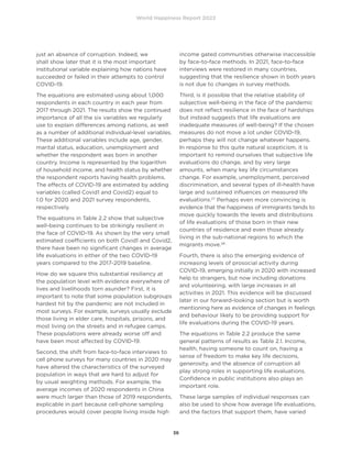 World Happiness Report 2022
36
just an absence of corruption. Indeed, we
shall show later that it is the most important
institutional variable explaining how nations have
succeeded or failed in their attempts to control
COVID-19.
The equations are estimated using about 1,000
respondents in each country in each year from
2017 through 2021. The results show the continued
importance of all the six variables we regularly
use to explain differences among nations, as well
as a number of additional individual-level variables.
These additional variables include age, gender,
marital status, education, unemployment and
whether the respondent was born in another
country. Income is represented by the logarithm
of household income, and health status by whether
the respondent reports having health problems.
The effects of COVID-19 are estimated by adding
variables (called Covid1 and Covid2) equal to
1.0 for 2020 and 2021 survey respondents,
respectively.
The equations in Table 2.2 show that subjective
well-being continues to be strikingly resilient in
the face of COVID-19. As shown by the very small
estimated coefficients on both Covid1 and Covid2,
there have been no significant changes in average
life evaluations in either of the two COVID-19
years compared to the 2017-2019 baseline.
How do we square this substantial resiliency at
the population level with evidence everywhere of
lives and livelihoods torn asunder? First, it is
important to note that some population subgroups
hardest hit by the pandemic are not included in
most surveys. For example, surveys usually exclude
those living in elder care, hospitals, prisons, and
most living on the streets and in refugee camps.
These populations were already worse off and
have been most affected by COVID-19.
Second, the shift from face-to-face interviews to
cell phone surveys for many countries in 2020 may
have altered the characteristics of the surveyed
population in ways that are hard to adjust for
by usual weighting methods. For example, the
average incomes of 2020 respondents in China
were much larger than those of 2019 respondents,
explicable in part because cell-phone sampling
procedures would cover people living inside high
income gated communities otherwise inaccessible
by face-to-face methods. In 2021, face-to-face
interviews were restored in many countries,
suggesting that the resilience shown in both years
is not due to changes in survey methods.
Third, is it possible that the relative stability of
subjective well-being in the face of the pandemic
does not reflect resilience in the face of hardships
but instead suggests that life evaluations are
inadequate measures of well-being? If the chosen
measures do not move a lot under COVID-19,
perhaps they will not change whatever happens.
In response to this quite natural scepticism, it is
important to remind ourselves that subjective life
evaluations do change, and by very large
amounts, when many key life circumstances
change. For example, unemployment, perceived
discrimination, and several types of ill-health have
large and sustained influences on measured life
evaluations.27
Perhaps even more convincing is
evidence that the happiness of immigrants tends to
move quickly towards the levels and distributions
of life evaluations of those born in their new
countries of residence and even those already
living in the sub-national regions to which the
migrants move.28
Fourth, there is also the emerging evidence of
increasing levels of prosocial activity during
COVID-19, emerging initially in 2020 with increased
help to strangers, but now including donations
and volunteering, with large increases in all
activities in 2021. This evidence will be discussed
later in our forward-looking section but is worth
mentioning here as evidence of changes in feelings
and behaviour likely to be providing support for
life evaluations during the COVID-19 years.
The equations in Table 2.2 produce the same
general patterns of results as Table 2.1. Income,
health, having someone to count on, having a
sense of freedom to make key life decisions,
generosity, and the absence of corruption all
play strong roles in supporting life evaluations.
Confidence in public institutions also plays an
important role.
These large samples of individual responses can
also be used to show how average life evaluations,
and the factors that support them, have varied
 