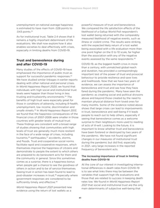World Happiness Report 2022
41
unemployment on national average happiness
is estimated to have risen from .028 points to
.043 points.32
As for institutional trust, Table 2.4 shows that it
remains a highly important determinant of life
evaluations. We shall now explore how it also
enables societies to deal effectively with crises,
especially in limiting deaths from COVID-19.
Trust and benevolence during
and after COVID-19
Many studies of the effects of COVID-19 have
emphasised the importance of public trust as
support for successful pandemic responses.33
We have studied similar linkages in earlier reports
dealing with other national and personal crises.
In World Happiness Report 2020, we found that
individuals with high social and institutional trust
levels were happier than those living in less
trusting and trustworthy environments.34
The
benefits of high trust were especially great for
those in conditions of adversity, including ill-health,
unemployment, low income, discrimination and
unsafe streets.35
In World Happiness Report 2013,
we found that the happiness consequences of the
financial crisis of 2007-2008 were smaller in those
countries with greater levels of mutual trust.
These findings are consistent with a broad range
of studies showing that communities with high
levels of trust are generally much more resilient
in the face of a wide range of crises, including
tsunamis,36
earthquakes,37
accidents, storms,
and floods. Trust and cooperative social norms
facilitate rapid and cooperative responses, which
themselves improve the happiness of citizens and
demonstrate to people the extent to which others
are prepared to do benevolent acts for them and
the community in general. Since this sometimes
comes as a surprise, there is a happiness bonus
when people get a chance to see the goodness of
others in action and to be of service themselves.
Seeing trust in action has been found to lead to
post-disaster increases in trust,38
especially where
government responses are considered to be
sufficiently timely and effective.39
World Happiness Report 2021 presented new
evidence using the return of lost wallets as a
powerful measure of trust and benevolence.
We compared the life satisfaction effects of the
likelihood of a Gallup World Poll respondent’s
lost wallet being returned with the comparably
measured likelihood of negative events, such as
illness or violent crime. The results were striking,
with the expected likely return of a lost wallet
being associated with a life evaluation more than
one point higher on the 0 to 10 scale, far higher
than the association with any of the negative
events assessed by the same respondents.40
COVID-19, as the biggest health crisis in more
than a century, with unmatched global reach
and duration, has provided a correspondingly
important test of the power of trust and prosocial
behaviour to provide resilience and save lives
and livelihoods. Now that we have two years of
evidence, we can assess the importance of
benevolence and trust and see how they have
fared during the pandemic. Many have seen the
pandemic as creating social and political divisions
above and beyond those created by the need to
maintain physical distance from loved ones for
many months. Some of the evidence noted above
shows that large crises can lead to improvements
in trust, benevolence and well-being if it leads
people to reach out to help others, especially if
seeing that benevolence comes as a welcome
surprise to their neighbours more used to reading
of acts of ill-will. Looking to the future, it is
important to know whether trust and benevolence
have been fostered or destroyed by two years of
the pandemic. We have not found significant
changes in our measures of institutional trust
during the pandemic but did find, especially
in 2021, very large increases in the reported
frequency of benevolent acts.
The increasing importance of trust in limiting
deaths from COVID-19
At the core of our interest in investigating interna-
tional differences in death rates from COVID-19
is to see what links there may be between the
variables that support high life evaluations and
those that are related to success in keeping death
rates low. We found in World Happiness Report
2021 that social and institutional trust are the only
main determinants of subjective well-being that
 