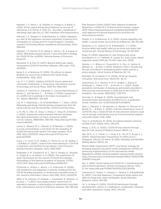 World Happiness Report 2022
52
Helliwell, J. F., Aknin, L. B., Shiplett, H., Huang, H.,  Wang, S.
(2018). Social capital and prosocial behavior as sources of
well-being. In E. Diener, S. Oishi,  L. Tay (Eds.), Handbook of
well-being. Salt Lake City, UT: DEF Publishers. DOI:nobascholar.co
Helliwell, J. F., Shiplett, H.,  Bonikowska, A. (2020). Migration
as a test of the happiness set-point hypothesis: Evidence from
immigration to Canada and the United Kingdom. Canadian
Journal of Economics/Revue canadienne d’économique, 53(4),
1618-1641
Helliwell, J. F., Norton, M. B., Wang, S., Aknin, L. B.,  Huang, H.
(2021). Well-being analysis favours a virus-elimination strategy
for COVID-19 (No. w29092). National Bureau of Economic
Research.
Heuveline, P.,  Tzen, M. (2021). Beyond deaths per capita:
comparative COVID-19 mortality indicators. BMJ open, 11(3),
e042934.
Kang, S. H.,  Skidmore, M. (2018). The effects of natural
disasters on social trust: Evidence from South Korea. 
Sustainability, 10(9), 2973.
Lau, P. Y. F. (2020). Fighting COVID-19: Social capital and
community mobilisation in Hong Kong. International Journal
of Sociology and Social Policy. 40(9–10), 1059–1067.
Lavezzo, E., Franchin, E., Ciavarella, C., Cuomo-Dannenburg, G.,
Barzon, L., Del Vecchio, C., ...  Abate, D. (2020). Suppression
of a SARS-CoV-2 outbreak in the Italian municipality of
Vo’. Nature, 584(7821), 425-429.
Lee, M. T., Kubzansky, L. D.,  VanderWeele, T. J. (Eds.). (2021).
Measuring well-being: Interdisciplinary perspectives from the
social sciences and the humanities. Oxford University Press.
Li, R., Pei, S., Chen, B., Song, Y., Zhang, T., Yang, W.,  Shaman,
J. (2020). Substantial undocumented infection facilitates
the rapid dissemination of novel coronavirus (SARS-
CoV-2). Science, 368(6490), 489-493. https://doi.org/10.1126/
science.abb3221
Liotta, G., Marazzi, M. C., Orlando, S.,  Palombi, L. (2020).
Is social connectedness a risk factor for the spreading of
COVID-19 among older adults? The Italian paradox. PLoS
ONE, 15(5), e0233329. https://doi.org/10.1371/journal.
pone.0233329
Louie, J. K., Scott, H. M., DuBois, A., Sturtz, N., Lu, W., Stoltey, J.,
...  Bobba, N. (2020). Lessons from mass-testing for COVID-19
in long term care facilities for the elderly in San Francisco. 
Clinical Infectious Diseases, 72(11), 2018-2020
Moghadas, S. M., Fitzpatrick, M. C., Sah, P., Pandey, A., Shoukat,
A., Singer, B. H.,  Galvani, A. P. (2020). The implications of
silent transmission for the control of COVID-19 outbreaks. 
Proceedings of the National Academy of Sciences, 117(30),
17513-17515. https://doi.org/10.1073/pnas.2008373117
O’Donnell, A., Wilson, L., Bosch, J. A.,  Borrows, R. (2020).
Life satisfaction and happiness in patients shielding from the
COVID-19 global pandemic: A randomised controlled study of
the ‘mood as information’ theory. PloS ONE, 15(12), e0243278.
Ollila, H. M., Partinen, M., Koskela, J., Savolainen, R., Rotkirch, A.,
 Laine, L. T. (2021). Face masks prevent transmission of
respiratory diseases: a meta-analysis of randomized controlled
trials. International Journal of Infectious Diseases, 104, 198-206.
Pew Research Center (2020). Most Approve of National
Response to COVID-19 in 14 Advanced Economies. August
2020. https://www.pewresearch.org/global/2020/08/27/
most-approve-of-national-response-to-covid-19-in-14-
advanced-economies/
Pickett, K. E.,  Wilkinson, R. G. (2015). Income inequality and
health: a causal review. Social Science  Medicine, 128, 316-326.
Pressman, S. D., Jenkins, B. N.,  Moskowitz, J. T. (2019).
Positive affect and health: what do we know and where next
should we go?. Annual Review of Psychology, 70, 627-650.
Rojas, M. (2018). Happiness in Latin America has social
foundations. In J. F. Helliwell, R. Layard,  J. Sachs (eds). World
happiness report 2018 (pp. 115-145). New York: SDSN.
Rosella, L. C., Wilson, K., Crowcroft, N. S., Chu, A., Upshur, R.,
Willison, D., ...  Goel, V. (2013). Pandemic H1N1 in Canada and
the use of evidence in developing public health policies–a
policy analysis. Social Science  Medicine, 83, 1-9.
Rothstein, B.,  Uslaner, E. M. (2005). All for all: Equality,
corruption, and social trust. World Pol., 58, 41.
Santomauro, D. F., Herrera, A. M. M., Shadid, J., Zheng, P.,
Ashbaugh, C., Pigott, D. M., ...  Ferrari, A. J. (2021). Global
prevalence and burden of depressive and anxiety disorders in
204 countries and territories in 2020 due to the COVID-19
pandemic. The Lancet, 398(10312), 1700-1712.
Savvides, C.,  Siegel, R. (2020). Asymptomatic and
presymptomatic transmission of SARS-CoV-2: A systematic
review. medRxiv. Doi: 10.1101/2020.06.11.20129072
Setti, L., Passarini, F., De Gennaro, G., Barbieri, P., Perrone, M. G.,
Borelli, M., ...  Miani, A. (2020). Airborne transmission route of
COVID-19: why 2 meters/6 feet of inter-personal distance could
not be enough. International journal of environmental research
and public health, 17(8), 2932.
Toya, H.,  Skidmore, M. (2014). Do natural disasters enhance
societal trust?. Kyklos, 67(2), 255-279.
Wang, J.,  Du, G. (2020). COVID-19 may transmit through
aerosol. Irish Journal of Medical Science, 189(4), 1-2.
Wei, W. E., Li, Z., Chiew, C. J., Yong, S. E., Toh, M. P.,  Lee, V. J.
(2020). Presymptomatic Transmission of SARS-CoV-2—
Singapore, January 23–March 16, 2020. Morbidity and Mortality
Weekly Report, 69(14), 411.
World Health Organization (2017). Asia Pacific strategy for
emerging diseases and public health emergencies (APSED III):
advancing implementation of the International Health
Regulations (2005): working together towards health security
https://iris.wpro.who.int/bitstream/handle/10665.1/13654/9789
290618171-eng.pdf
Wu, C. (2021). Social capital and COVID-19: a multidimensional
and multilevel approach. Chinese Sociological Review, 53(1),
27–54. https://doi.org/10.1080/21620555.2020.1814139
Yamamura, E., Tsutsui, Y., Yamane, C., Yamane, S.,  Powdthavee,
N. (2015). Trust and happiness: Comparative study before and
after the Great East Japan Earthquake. Social Indicators
Research, 123(3), 919–935.
Yu, X.,  Yang, R. (2020). COVID-19 transmission through
asymptomatic carriers is a challenge to containment. Influenza
and other respiratory viruses, 14(4), 474-475.
 