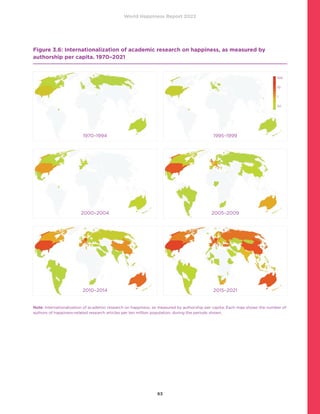 World Happiness Report 2022
63
Figure 3.6: Internationalization of academic research on happiness, as measured by
authorship per capita. 1970–2021
		
Note: Internationalization of academic research on happiness, as measured by authorship per capita. Each map shows the number of
authors of happiness-related research articles per ten million population, during the periods shown.
100
10
1
0.1
1970–1994
2000–2004
2010–2014
1995–1999
2005–2009
2015–2021
 