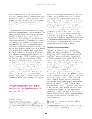 World Happiness Report 2022
94
which makes sense given that there were not
that many casualties during the early stage of the
pandemic. Altogether, the timing and content of
tweets with sadness-related expressions suggest
that changes to people’s everyday life were a
driving factor of the increase in sadness.
Anger
Anger expressions on Twitter decreased during
the onset of the pandemic. Similar to sadness, this
change also occurred gradually, starting around
the time of the first clear increase in measure
stringency in most countries. Anger expressions
significantly dropped in 14 out of the 18 countries,
and remained less frequent until the end of the
five weeks we analyzed. The decreases around
the onset of stringent measures may indicate that
people were generally not opposed to the actions
their governments took at this early point in the
pandemic. In addition, decreases of anger terms
may also be a consequence of discussions on
Twitter focusing on COVID-19, and therefore less
on the many other controversial and political
topics that are usually discussed on this social
media platform in many countries. Although
media discourse might have created the impres-
sion that people were angry about government
regulations during the first outbreak, they may
actually have been less angry than about previous
political decisions. Consistent with this, we ob-
served a shift in topics of conversation from
political ones in 2019 to pandemic-related issues
after the outbreak across countries and emotions.
Positive emotions
In contrast to the three negative emotions
discussed above, expressions of positive emotions
on Twitter remained relatively stable during the
first 5 weeks of the pandemic. Average changes
during this time period were between -5 and +5%
(Figure 4.6D). In six countries, positive emotion
terms dropped slightly just at the moment when
public health measures became more strict (Peru,
Italy, New Zealand, Mexico, Chile, Spain). This can
be observed, for example, in the time series for
Italy in Figure 4.5. This decrease was brief, however,
possibly because people started to notice positive
aspects (e.g., of spending more time at home).
This finding could suggest at least a short-term
resilience to the challenges during the early phase
of the COVID-19 outbreak. Yet, it could also be a
consequence of the broad range of terms included
in the positive emotions LIWC-dictionaries. Some
positive emotions may have actually decreased
more, while others may have increased.
Duration of emotional changes
To assess the duration of emotional changes,
we counted the number of days in a row during
which social media emotion measures remained
significantly above or below their median level
of the previous year in each country. These time
periods were much longer during the pandemic
outbreak than what was observed during previous
one-off catastrophic events.65
The maximal
duration of sustained changes in all four emotions
during COVID-19 were among the longest ones
since the beginning of 2019 in all countries, and
the single longest one in the majority of countries
(see Figure 4.8). Specifically, 16 out of 18 countries
had not experienced such long periods of elevated
anxiety and sadness before COVID-19. Ten and
eleven countries, respectively, also experienced
the longest sustained periods of decreased anger
and positive emotions during COVID-19. Longer
increased anxiety before COVID-19 occurred only
in two countries during political protests in 2019
(against social inequality in Chile, and austerity
measures in Ecuador). Similarly, longer elevated
sadness occurred in Chile during the same protests,
and after a political scandal in Austria (the so-
called Ibiza affair).
Conclusion on collective emotions during the
COVID-19 outbreak
Taken together, our analysis of social media text
data during the early COVID-19 outbreak revealed
Anger expressions on Twitter
decreased during the onset of
the pandemic.
 