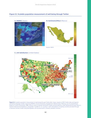 World Happiness Report 2023
137
Figure 5.1: Scalable population measurement of well-being through Twitter
A. PERMA (Spain) B. Sentiment/Affect (Mexico)
C. Life Satisfaction (United States)
Source: INEGI
10th High
90th Low
50th
Percent.
Figure 5.1: Scalable population measurement of well-being through Twitter. A: in Spain, based on 2015 Twitter data and Spanish
well-being language models measuring PERMA: Positive Emotions, Engagement, Relationships, Meaning, and Accomplishment
based on custom dictionaries,28
B: in Mexico, built on Spanish sentiment models and provided by a web dashboard through Mexico’s
Instituto Nacional de Estadística y Geografía,29
and C: for U.S. counties,30
with interpolation of missing counties provided through
a Gaussian process model using demographic and socioeconomic similarity between counties.31
 