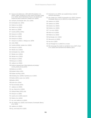 World Happiness Report 2023
159
81	
Sources and references: LIWC 2015 (Pennebaker et al.
(2015); LabMT (Dodds et al. (2011); Swiss Chocolate (Jaggi
et al. (2014); World Well-Being Project Life Satisfaction
model and direct prediction (Jaidka et al. (2020).
82 Schwartz, Eichstaedt, Kern, et al. (2013)
83 Eichstaedt et al. (2015)
84 Pellert et al. (2022)
85 Pellert et al. (2022)
86 Wolf et al. (2008)
87 Culotta (2014a, 2014b)
88 Giorgi et al. (2018)
89 Ebert et al. (2022)
90 Giorgi et al. (2022)
91 Giorgi et al. (2022); Z. Wang et al. (2019)
92 Little (1993)
93 Culotta (2014b); Jaidka et al. (2020)
94 Giorgi et al. (2022)
95 Metzler et al. (2022)
96 Eichstaedt et al. (2021)
97 Metzler et al. (2022)
98 Metzler et al. (2022)
99 Giorgi et al. (2022)
100Giorgi et al. (2022)
101 Jaidka et al. (2020)
102	
Publicly released here: https://github.com/wwbp/
county_tweet_lexical_bank).
103 Bollen et al. (2011)
104 Golder  Macy (2011)
105 Golder and Macy (2011)
106 Ginsberg et al. (2009); Santillana et al. (2014)
107 Butler (2013); Lazer et al. (2014)
108 Butler (2013)
109 Lazer et al. (2014)
110 Paul  Dredze (2014)
111 Jaidka et al. (2020)
112 e.g., Garcia et al. (2022)
113 Gallup  Meta (2022, p.18)
114 Giorgi et al. (2018)
115 Lavertu et al. (2021) preprint
116 Matero et al. (2022)
117 e.g., see Jaidka et al. (2020)
118	
see Jaidka et al. (2020); and Schwartz, Eichstaedt, Blanco,
et al. (2013)
119 Jaidka et al. (2020)
120 e.g., see Giorgi et al. (2021)
121	
Eisenstein et al. (2010); see supplementary material
formore information
122	
See Jaidka et al. (2020); Eichstaedt et al. (2021); Schwartz,
Eichstaedt, Blanco, et al. (2013) for a fuller discussion
123 Jaidka et al. (2018)
124 Jaidka et al. (2018)
125 Dodds et al. (2020)
126 Dodds et al. (2020)
127 T. Liu et al. (2022)
128 Glenn et al. (2020)
129 Pellert et al. (2022)
130 Sametoglu et al. (2022)
131 DeLucia et al. (2022)
132 Hsu et al. (2021)
133 see Flanagan et al. (2023) for a review
134	
We encourage the reader to see Benton et al. (2017); Shah
et al. (2020) and Townsend and Wallace (2017)
 
