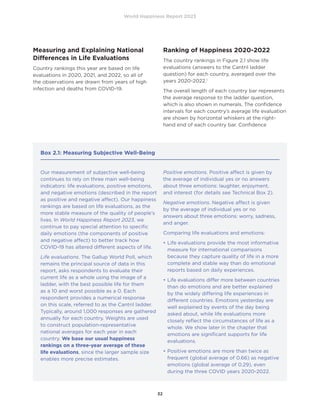 World Happiness Report 2023
32
Measuring and Explaining National
Differences in Life Evaluations
Country rankings this year are based on life
evaluations in 2020, 2021, and 2022, so all of
the observations are drawn from years of high
infection and deaths from COVID-19.
Ranking of Happiness 2020-2022
The country rankings in Figure 2.1 show life
evaluations (answers to the Cantril ladder
question) for each country, averaged over the
years 2020-2022.1
The overall length of each country bar represents
the average response to the ladder question,
which is also shown in numerals. The confidence
intervals for each country’s average life evaluation
are shown by horizontal whiskers at the right-
hand end of each country bar. Confidence
Box 2.1: Measuring Subjective Well-Being
Our measurement of subjective well-being
continues to rely on three main well-being
indicators: life evaluations, positive emotions,
and negative emotions (described in the report
as positive and negative affect). Our happiness
rankings are based on life evaluations, as the
more stable measure of the quality of people’s
lives. In World Happiness Report 2023, we
continue to pay special attention to specific
daily emotions (the components of positive
and negative affect) to better track how
COVID-19 has altered different aspects of life.
Life evaluations. The Gallup World Poll, which
remains the principal source of data in this
report, asks respondents to evaluate their
current life as a whole using the image of a
ladder, with the best possible life for them
as a 10 and worst possible as a 0. Each
respondent provides a numerical response
on this scale, referred to as the Cantril ladder.
Typically, around 1,000 responses are gathered
annually for each country. Weights are used
to construct population-representative
national averages for each year in each
country. We base our usual happiness
rankings on a three-year average of these
life evaluations, since the larger sample size
enables more precise estimates.
Positive emotions. Positive affect is given by
the average of individual yes or no answers
about three emotions: laughter, enjoyment,
and interest (for details see Technical Box 2).
Negative emotions. Negative affect is given
by the average of individual yes or no
answers about three emotions: worry, sadness,
and anger.
Comparing life evaluations and emotions:
•	
Life evaluations provide the most informative
measure for international comparisons
because they capture quality of life in a more
complete and stable way than do emotional
reports based on daily experiences.
•	
Life evaluations differ more between countries
than do emotions and are better explained
by the widely differing life experiences in
different countries. Emotions yesterday are
well explained by events of the day being
asked about, while life evaluations more
closely reflect the circumstances of life as a
whole. We show later in the chapter that
emotions are significant supports for life
evaluations.
•	
Positive emotions are more than twice as
frequent (global average of 0.66) as negative
emotions (global average of 0.29), even
during the three COVID years 2020-2022.
 