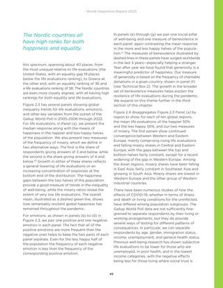 World Happiness Report 2023
45
this spectrum, spanning about 40 places, from
the most unequal relative to life evaluations (the
United States, with an equality gap 19 places
below the life evaluations ranking), to Greece at
the other end, with an equality ranking of 36 and
a life evaluations ranking of 58. The Nordic countries
are even more closely aligned, with all having high
rankings for both equality and life evaluations.
Figure 2.3 has several panels showing global
inequality trends for life evaluations, emotions,
and other key variables from the outset of the
Gallup World Poll in 2005-2006 through 2022.
For life evaluations, in Panel (a), we present the
median response along with the means of
happiness in the happier and less happy halves
of the population. We also present two measures
of the frequency of misery, which we define in
two alternative ways. The first is the share of
respondents giving answers of 3 and below, while
the second is the share giving answers of 4 and
below.30
Growth in either of these shares reflects
a general lowering of life evaluations or an
increasing concentration of responses at the
bottom end of the distribution. The happiness
gaps between the two halves of the population
provide a good measure of trends in the inequality
of well-being, while the misery ratios reveal the
extent of very low life evaluations. The overall
mean, illustrated as a dashed green line, shows
how remarkably resilient global happiness has
remained throughout the pandemic.
For emotions, as shown in panels (b) to (d) in
Figure 2.3, we pair one positive and one negative
emotion in each panel. The fact that all of the
positive emotions are more frequent than the
negative ones helps to keep the two parts of each
panel separate. Even for the less happy half of
the population the frequency of each negative
emotion is less than the frequency of the
corresponding positive emotion.
In panels (e) through (g) we pair one social pillar
of well-being and one measure of benevolence in
each panel, again contrasting the mean response
in the more and less happy halves of the popula-
tion.31
The measures of benevolence illustrated by
dashed lines in these panels have surged worldwide
in the last 3 years—especially helping a stranger.
Year after year we have found that generosity is a
meaningful predictor of happiness. Our measure
of generosity is based on the frequency of charitable
donations in a given country, shown in panel (f)
(see Technical Box 2). The growth in the broader
set of benevolence measures helps explain the
resilience of life evaluations during the pandemic.
We expand on this theme further in the third
section of this chapter.
Figure 2.4 disaggregates Figure 2.3 Panel (a) by
region to show, for each of ten global regions,
the mean life evaluations of the happier 50%
and the less happy 50%, and our two measures
of misery. The first panels show continued
convergence between Western and Eastern
Europe, mainly comprising rising life evaluations
and falling misery shares in Central and Eastern
Europe, with the gaps between the top and
bottom halves fairly constant, except for a recent
widening of the gap in Western Europe. Among
the Asian regions, misery shares have been falling
in East Asia, fairly constant in Southeast Asia and
growing in South Asia. Misery shares are lowest in
Western Europe and the other group of Western
industrial countries.
There have been numerous studies of how the
effects of COVID-19, whether in terms of illness
and death or living conditions for the uninfected,
have differed among population subgroups. The
Gallup World Poll data are not sufficiently fine-
grained to separate respondents by their living or
working arrangements, but they do provide
several ways of testing for different patterns of
consequences. In particular, we can separate
respondents by age, gender, immigration status,
income, unemployment, and general health status.
Previous well-being research has shown subjective
life evaluations to be lower for those who are
unemployed, in poor health, and in the lowest
income categories, with the negative effects
being less for those living where social trust is
The Nordic countries all
have high ranks for both
happiness and equality.
 