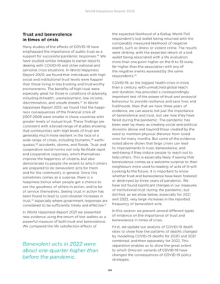 World Happiness Report 2023
54
Trust and benevolence
in times of crisis
Many studies of the effects of COVID-19 have
emphasized the importance of public trust as a
support for successful pandemic responses.36
We
have studied similar linkages in earlier reports
dealing with COVID-19 and other national and
personal crisis situations. In World Happiness
Report 2020, we found that individuals with high
social and institutional trust levels were happier
than those living in less trusting and trustworthy
environments. The benefits of high trust were
especially great for those in conditions of adversity,
including ill-health, unemployment, low income,
discrimination, and unsafe streets.37
In World
Happiness Report 2013, we found that the happi-
ness consequences of the financial crisis of
2007-2008 were smaller in those countries with
greater levels of mutual trust. These findings are
consistent with a broad range of studies showing
that communities with high levels of trust are
generally much more resilient in the face of a
wide range of crises, including tsunamis,38
earth-
quakes,39
accidents, storms, and floods. Trust and
cooperative social norms not only facilitate rapid
and cooperative responses, which themselves
improve the happiness of citizens, but also
demonstrate to people the extent to which others
are prepared to do benevolent acts for them
and for the community in general. Since this
sometimes comes as a surprise, there is a
happiness bonus when people get a chance to
see the goodness of others in action, and to be
of service themselves. Seeing trust in action has
been found to lead to post-disaster increases in
trust,40
especially where government responses are
considered to be sufficiently timely and effective.41
In World Happiness Report 2021 we presented
new evidence using the return of lost wallets as a
powerful measure of both trust and benevolence.
We compared the life satisfaction effects of
the expected likelihood of a Gallup World Poll
respondent’s lost wallet being returned with the
comparably measured likelihood of negative
events, such as illness or violent crime. The results
were striking, with the expected return of a lost
wallet being associated with a life evaluation
more than one point higher on the 0 to 10 scale,
far higher than the association with any of
the negative events assessed by the same
respondents.42
COVID-19, as the biggest health crisis in more
than a century, with unmatched global reach
and duration, has provided a correspondingly
important test of the power of trust and prosocial
behaviour to provide resilience and save lives and
livelihoods. Now that we have three years of
evidence, we can assess not just the importance
of benevolence and trust, but see how they have
fared during the pandemic. The pandemic has
been seen by many as creating social and political
divisions above and beyond those created by the
need to maintain physical distance from loved
ones for many months. But some of the evidence
noted above shows that large crises can lead
to improvements in trust, benevolence, and
well-being if they induce people to reach out to
help others. This is especially likely if seeing that
benevolence comes as a welcome surprise to their
neighbours more used to reading of acts of ill-will.
Looking to the future, it is important to know
whether trust and benevolence have been fostered
or destroyed by three years of pandemic. We
have not found significant changes in our measures
of institutional trust during the pandemic, but
did find, as we show below, especially for 2021
and 2022, very large increases in the reported
frequency of benevolent acts.
In this section we present several different types
of evidence on the importance of trust and
benevolence in times of crisis.
First, we update our analysis of COVID-19 death
rates to show how the patterns of deaths changed
by modelling COVID-19 deaths for 2020 and 2021
combined, and then separately for 2022. This
separation enables us to show the great extent
to which Omicron variants of COVID-19 have
changed the consequences of COVID-19 policy
strategies.
Benevolent acts in 2022 were
about one-quarter higher than
before the pandemic.
 