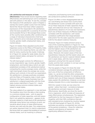 World Happiness Report 2023
92
Life satisfaction and measures of state
effectiveness These broad lessons regarding state
effectiveness and well-being turn out to correspond
well with patterns in the data. To see this, consider
the measure of life satisfaction used in Chapter 2,
namely the Cantril Ladder scores from the Gallup
World Poll. Recall that these reflect subjective
expressions of the respondent’s life satisfaction,
when the best possible life is scored by 10 and the
worst possible life by 0. We average these scores
at the country level, possibly after conditioning on
a range of individual characteristics that have
been claimed to drive individual well-being (age,
income, gender, health, employment status, and
marital status).
Figure 3.3 relates these adjusted country-level
happiness scores to the Pillars of Prosperity index.
To connect to the clustering theme, we color the
dots for every country by the cluster it belongs
to in Figure 3.2: orange for weak states, blue for
special-interest states, and green for common-
interest states.34
The left-hand graph controls for differences in
survey respondents’ age, income, gender, health,
employment, and marital status (which are well
established correlates of life satisfaction) before
computing the country-average scores, while the
right-hand graph shows the average raw scores
without such controls. In line with our expectation,
life satisfaction is strongly positively correlated
with the Pillars of Prosperity index in both cases.
Moreover, the figure clearly illustrates how life
satisfaction is aligned expectedly with the three
state clusters identified in Figure 3.2 – clearly
highest among common-interest states and
lowest in weak states.
The value added of our approach is now laid bare.
The headline story from the data is that residing
in a common-interest state – with its specific
configuration of state capacities, and with peace
that is not upheld by repression – appears to be
strongly related to a high level of life satisfaction.
Although many factors are certainly at work, our
narrative about drivers of state effectiveness
rhymes very well with the data. This underscores
our earlier argument that it is vital to understand
the forces that can support the building of common-
interest states, such as investing in cohesive
institutions and fostering norms and values that
are conducive to political cohesion.
Figure 3.4 offers a more disaggregated take on
our core finding and shows how country-level,
life-satisfaction scores correlate with each one
of our three measures of state capacities (fiscal,
legal, and collective) and our two measures of
peacefulness (absence of civil war and repression).
Each one of these measures of effective states
correlates with life satisfaction, with (total)
correlation coefficients that range between
0.55 and 0.7 for the state capacities and 0.3 and
0.35 for the absent-violence measures.
Moreover, Figure 3.4 makes eminent sense in
view of the clustering patterns in Figure 3.2. The
highest values for the three state-capacity measures
and the highest values of life satisfaction are
found in the green-colored common-interest
states. Moreover, the lowest values of the two
peacefulness measures and the lowest values of
life satisfaction are found in special-interest states
and in weak states, with the main variation in
repression coming from the special-interest
cluster, and the main variation in civil war coming
from the weak-state cluster.
The five graphs in Figure 3.4 show the total
correlation between average life satisfaction and
each one of the five components of effective
states –i.e., we do not hold the other components
of state effectiveness constant. It is tempting to ask
whether each one of these measures independently
helps explain life satisfaction. However, as we have
already stressed, this is a very hazardous exercise.
With this caveat in mind, we now show the
partial – rather than total – correlations between
life satisfaction and each measure of state
effectiveness. Specifically, we show the results
from a regression, which includes all measures of
state effectiveness simultaneously. The regression
coefficients for the five measures in Figure 3.4
(together with their 95% confidence intervals
with standard errors clustered by country) appear
in the left-hand graph of Figure 3.5. All the
estimates are positive, as expected, but only two
of the partial correlations – those for collective
capacity and absence of repression – are
significantly different from zero.
 