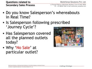 • Do you know Salesperson’s whereabouts
in Real Time?
• Is Salesperson following prescribed
‘Journey Cycle’?
Questions related toQuestions related to
Secondary Sales ProcessSecondary Sales Process
• Has Salesperson covered
all the planned outlets
today?
• Why ‘No Sale’ at
particular outlet?
 