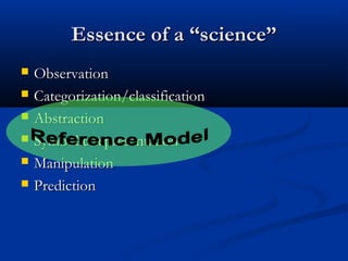 Fundamental Problem




          Essence of a “science”
   Observation
   Categorization/classification
   Abstraction
   Symbolic representation
   Manipulation
   Prediction
 