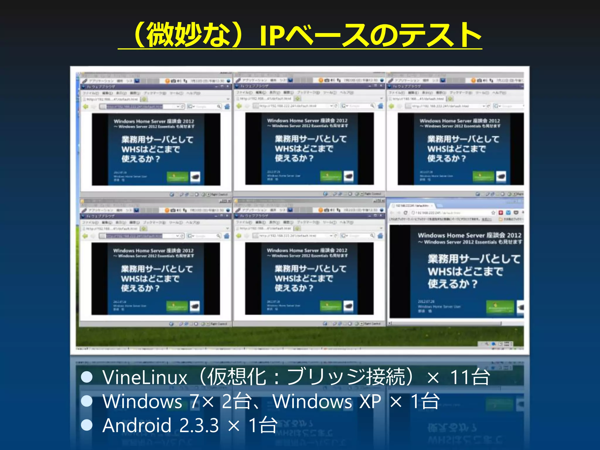  VineLinux（仮想化：ブリッジ接続）× 11台
 Windows 7× 2台、Windows XP × 1台
 Android 2.3.3 × 1台
（微妙な）IPベースのテスト
 
