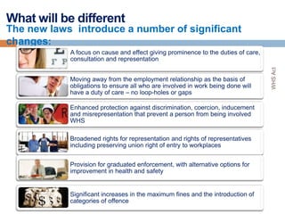 What will be different
The new laws introduce a number of significant
changes:
            A focus on cause and effect giving prominence to the duties of care,
            consultation and representation




                                                                                   WHS Act
            Moving away from the employment relationship as the basis of
            obligations to ensure all who are involved in work being done will
            have a duty of care – no loop-holes or gaps

            Enhanced protection against discrimination, coercion, inducement
            and misrepresentation that prevent a person from being involved
            WHS

            Broadened rights for representation and rights of representatives
            including preserving union right of entry to workplaces


            Provision for graduated enforcement, with alternative options for
            improvement in health and safety


            Significant increases in the maximum fines and the introduction of
            categories of offence
                                                                                       4
 