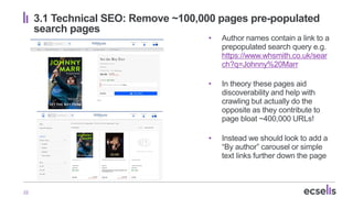 22
3.1 Technical SEO: Remove ~100,000 pages pre-populated
search pages
• Author names contain a link to a
prepopulated sea...