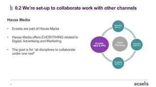 4
0.2 We’re set-up to collaborate work with other channels
Havas Media
• Ecselis are part of Havas Media
• Havas Media off...