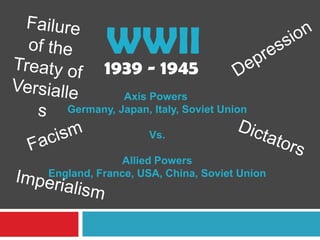 WWII
          1939 - 1945
             Axis Powers
   Germany, Japan, Italy, Soviet Union

                  Vs.

              Allied Powers
England, France, USA, China, Soviet Union
 