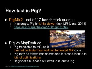 How fast is Pig?
● PigMix2 - set of 17 benchmark queries
        ○ In average, Pig is 1.16x slower than MR (June, 2011)
        ○ https://cwiki.apache.org/PIG/pigmix.html




● Pig vs MapReduce
        ○ Pig translates to MR, so it
          can not be faster than well implemented MR code
        ○ Pig may be faster than someone's MR code thanks to
          lots of optimizations
        ○ Beginner's MR code will often lose out to Pig
Image from http://www.funpeak.com/funnypics/pigs-race.jpg
 
