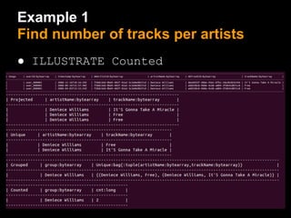 Example 1
Find number of tracks per artists
● ILLUSTRATE Counted
 