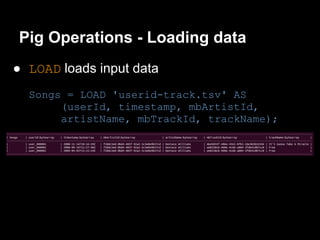 Pig Operations - Loading data
● LOAD loads input data
  Songs = LOAD 'userid-track.tsv' AS
       (userId, timestamp, mbArtistId,
       artistName, mbTrackId, trackName);
 