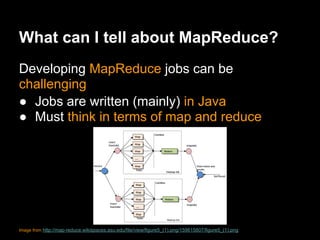 What can I tell about MapReduce?
Developing MapReduce jobs can be
challenging
● Jobs are written (mainly) in Java
● Must think in terms of map and reduce




Image from http://map-reduce.wikispaces.asu.edu/file/view/figure5_(1).png/159615807/figure5_(1).png
 