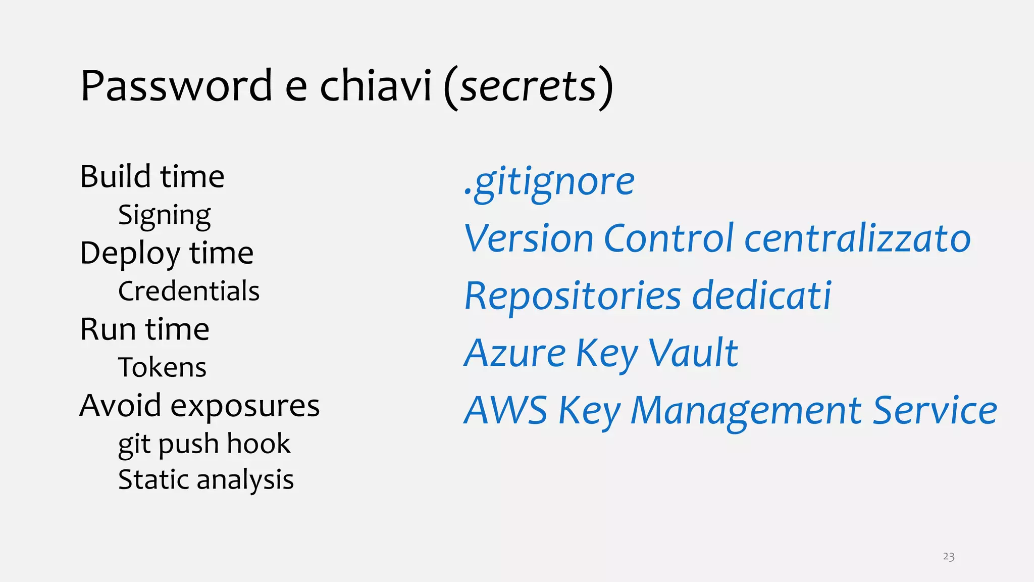 Password e chiavi (secrets)
Build time
Signing
Deploy time
Credentials
Run time
Tokens
Avoid exposures
git push hook
Static analysis
.gitignore
Version Control centralizzato
Repositories dedicati
Azure Key Vault
AWS Key Management Service
23
 