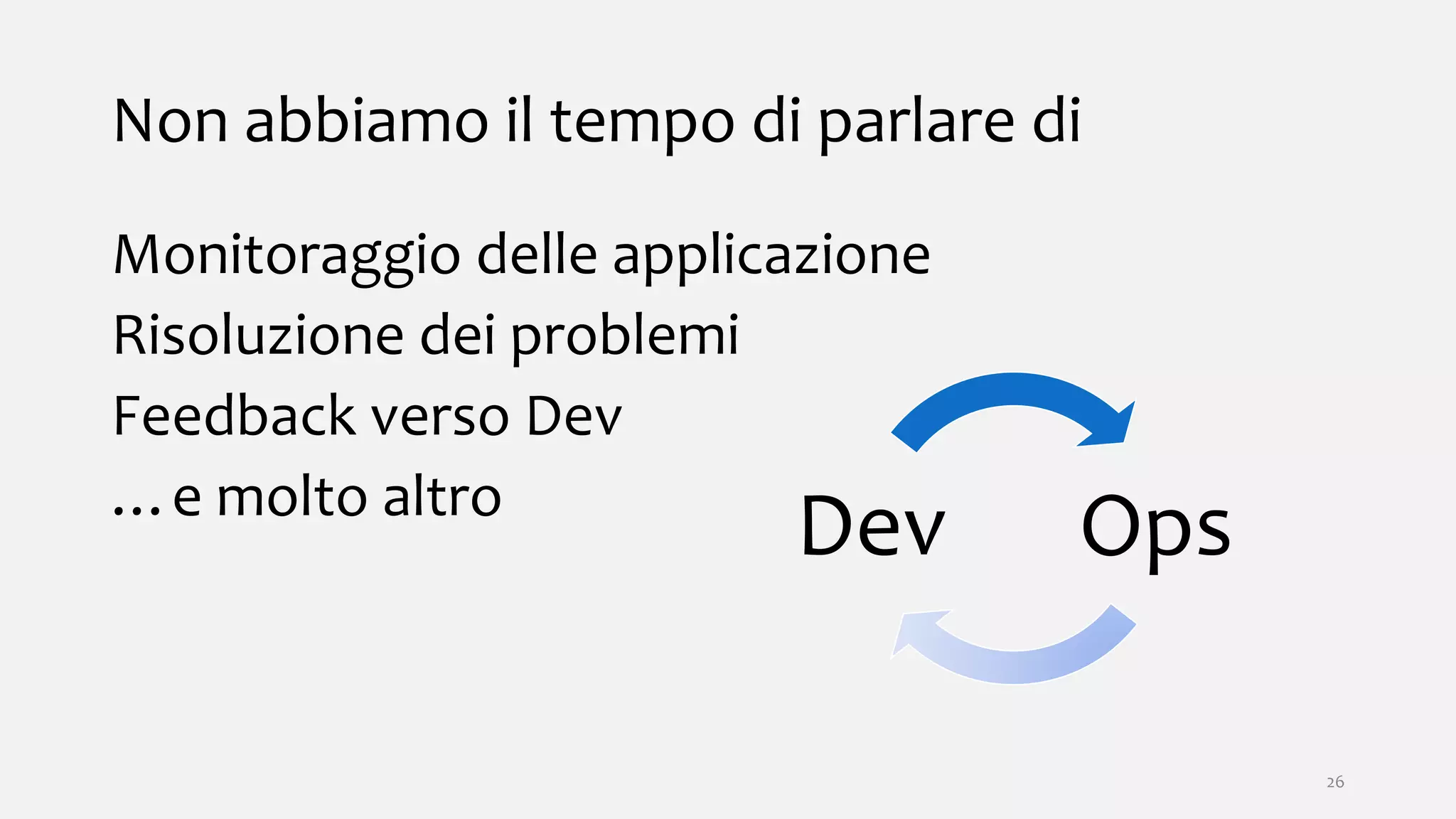 Non abbiamo il tempo di parlare di
Monitoraggio delle applicazione
Risoluzione dei problemi
Feedback verso Dev
…e molto altro
26
OpsDev
 