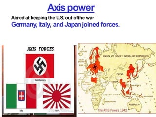 Axispower
Aimed at keeping the U.S.out ofthe war
Germany, Italy, and Japanjoined forces.
 
